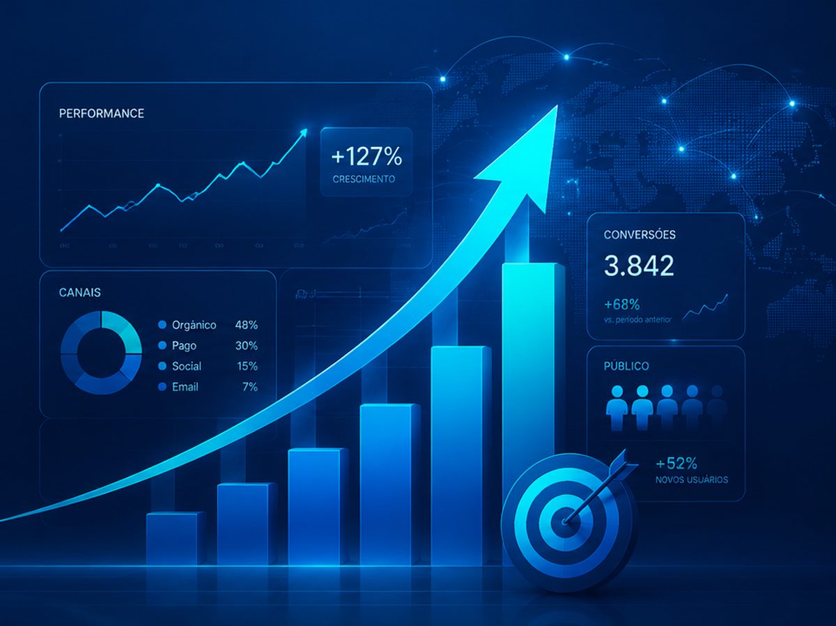 Painel de performance da HS Estratégias Digitais com gráficos e indicadores de campanhas de mídia paga